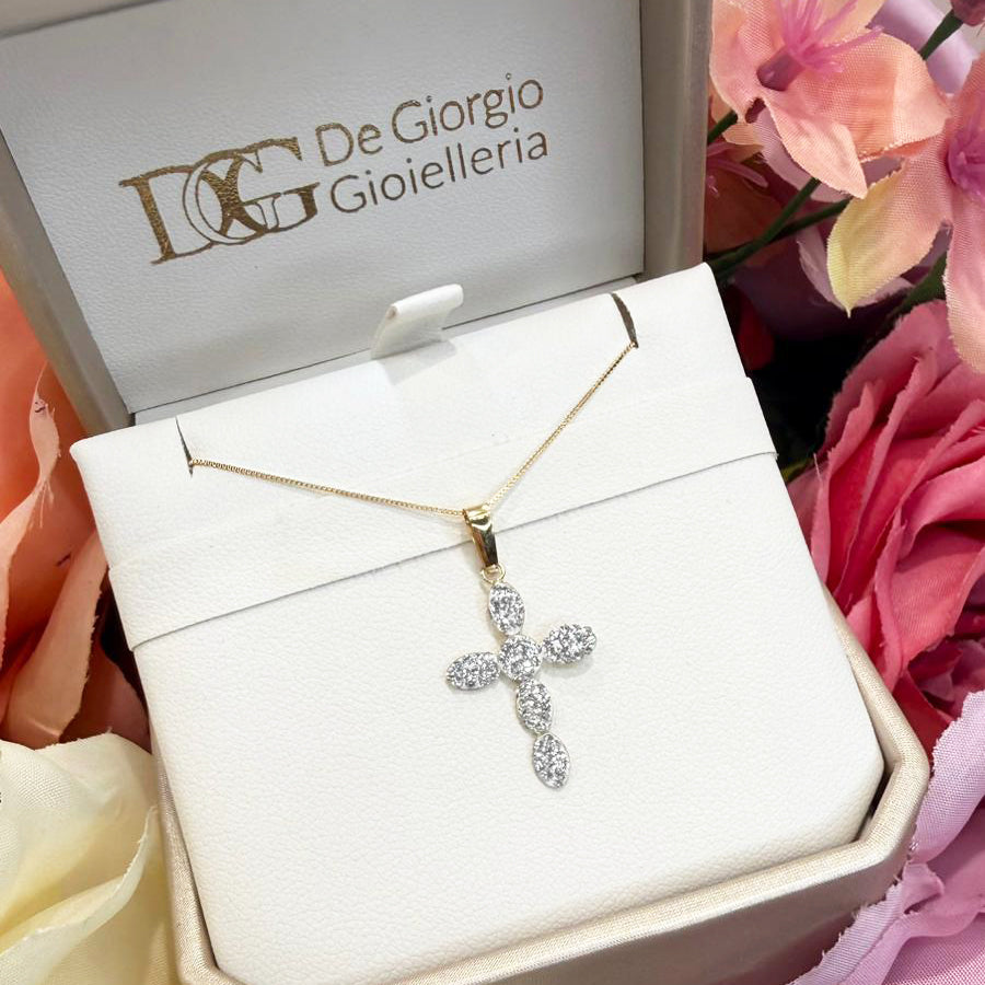 Ciondolo croce da donna con zirconi in oro giallo (750)