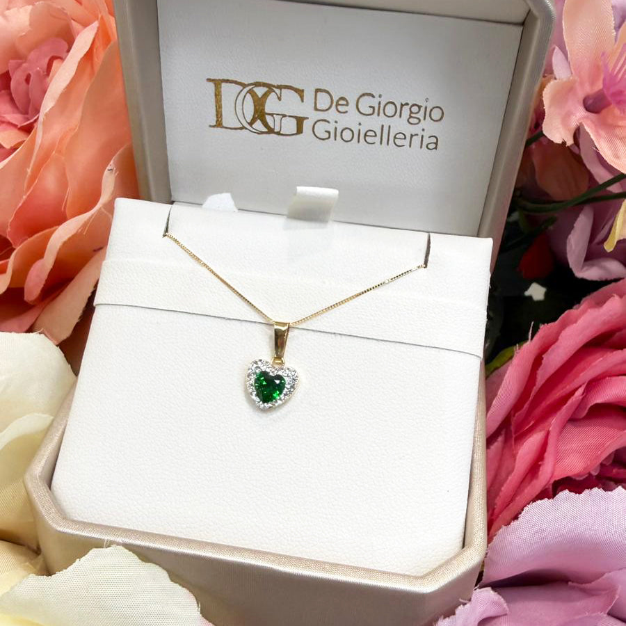 Ciondolo cuore da donna con pietra verde e zirconi in oro giallo (750)