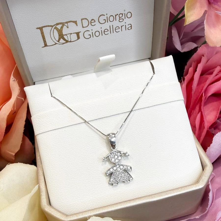 Ciondolo bimba da donna con zirconi in oro bianco (750)