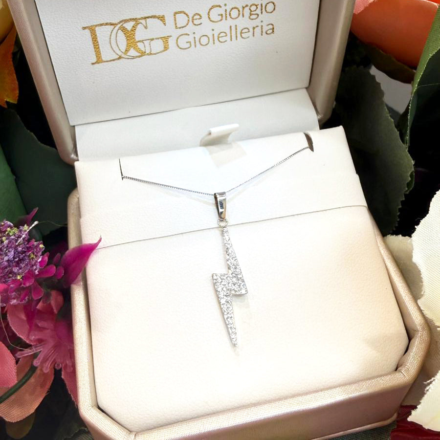 Collana Fulmine con Zirconi in Oro Bianco 18KT (750)