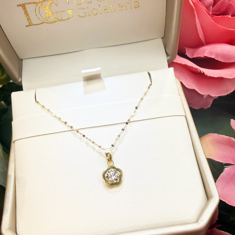 Collana con fiore e zircone in oro giallo 18 KT (750)