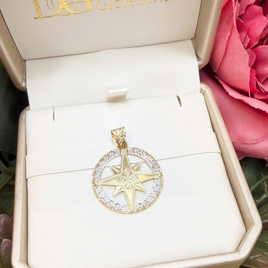 Ciondolo rosa dei venti lavorazione diamantata in oro giallo 18 KT (750)