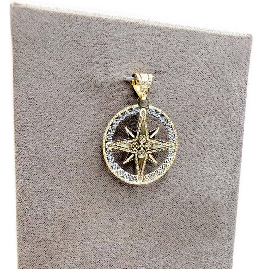 Ciondolo rosa dei venti lavorazione diamantata in oro giallo 18 KT (750)