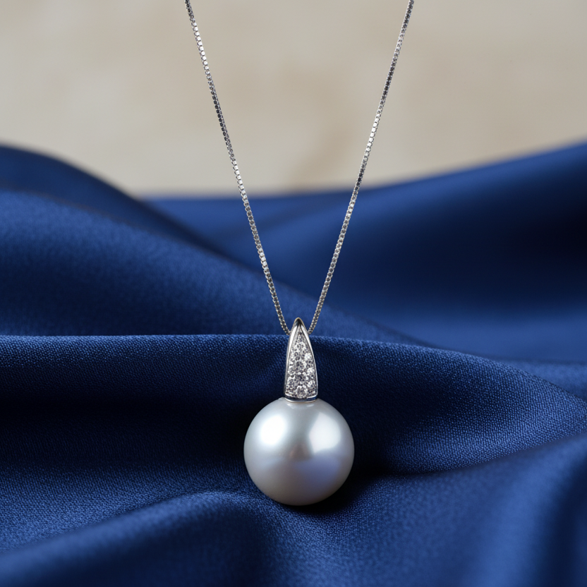 COLLANA CON PERLA IN ORO BIANCO 18 CARATI E DIAMANTI