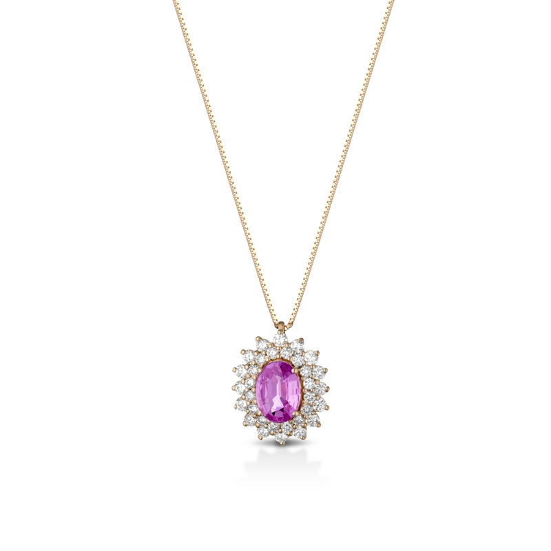 COLLANA IN ORO ROSA 18 CARATI CON DIAMANTI E ZAFFIRO ROSA