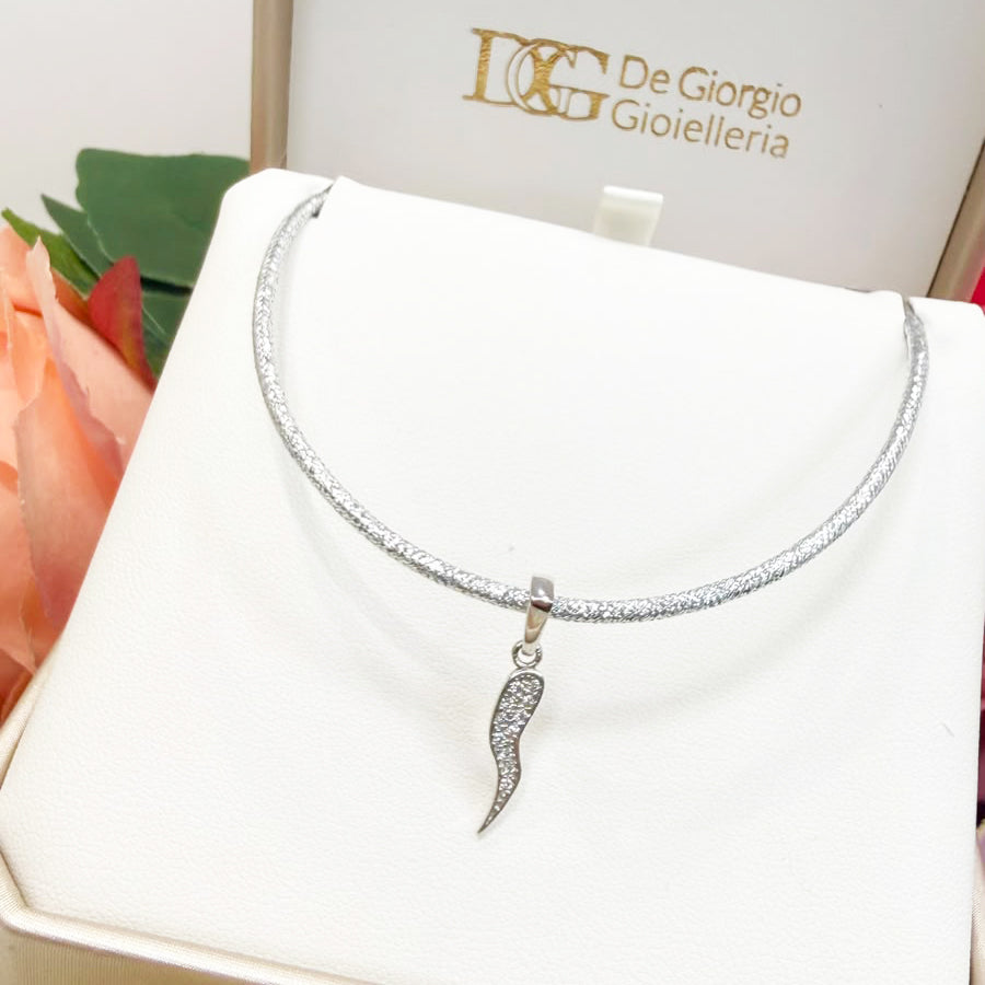 Ciondolo Corno Portafortuna Zirconato in Oro Bianco 18 KT