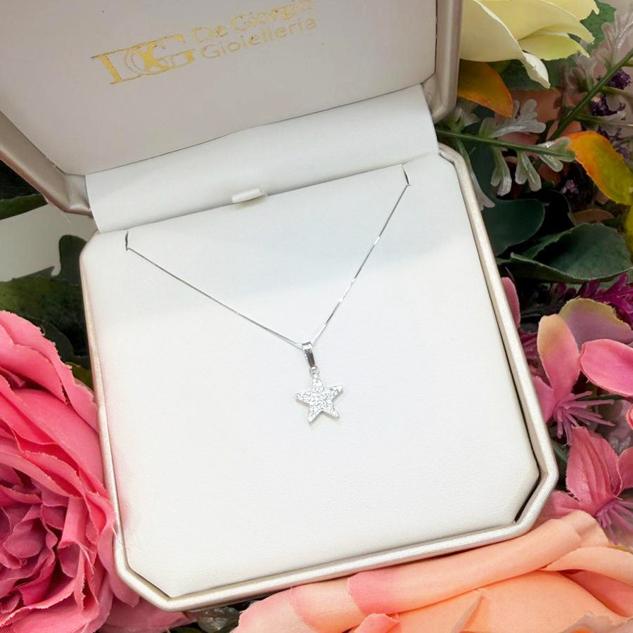 Collana con Ciondolo Stella e Zirconi in Oro Bianco 18 KT