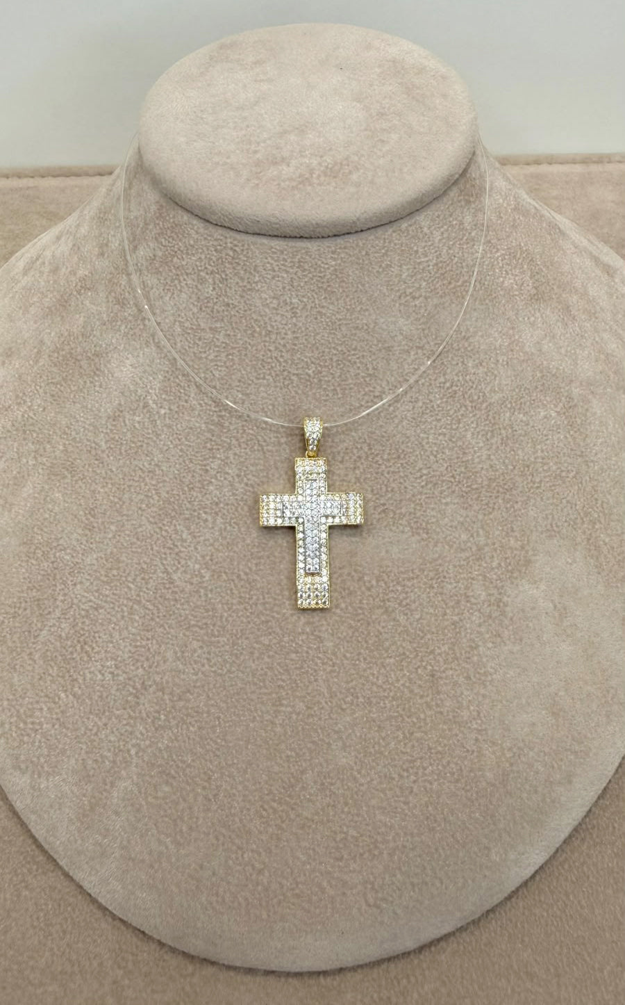 CIONDOLO CROCE IN ORO GIALLO E BIANCO 18 KT (750) CON ZIRCONI