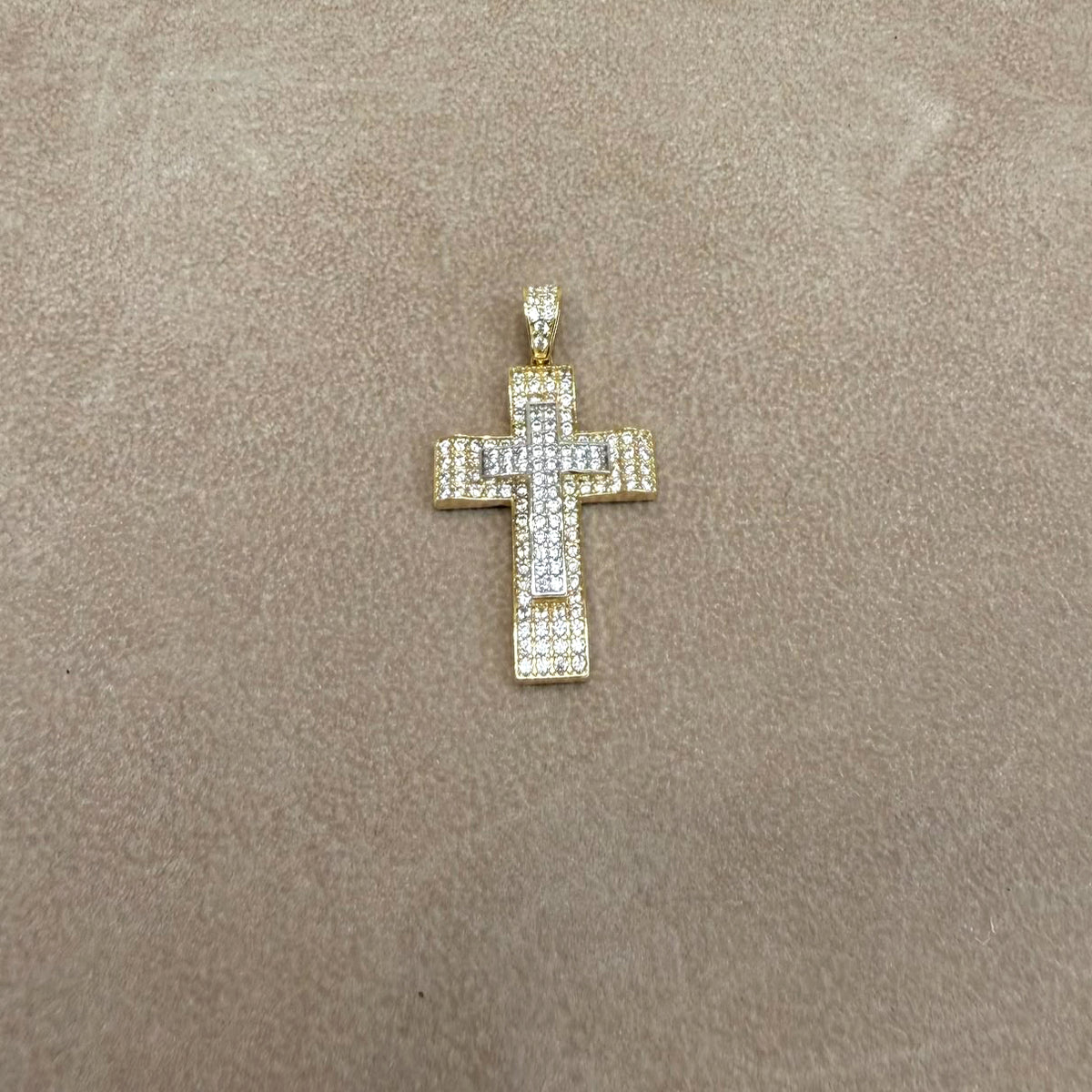CIONDOLO CROCE IN ORO GIALLO E BIANCO 18 KT (750) CON ZIRCONI