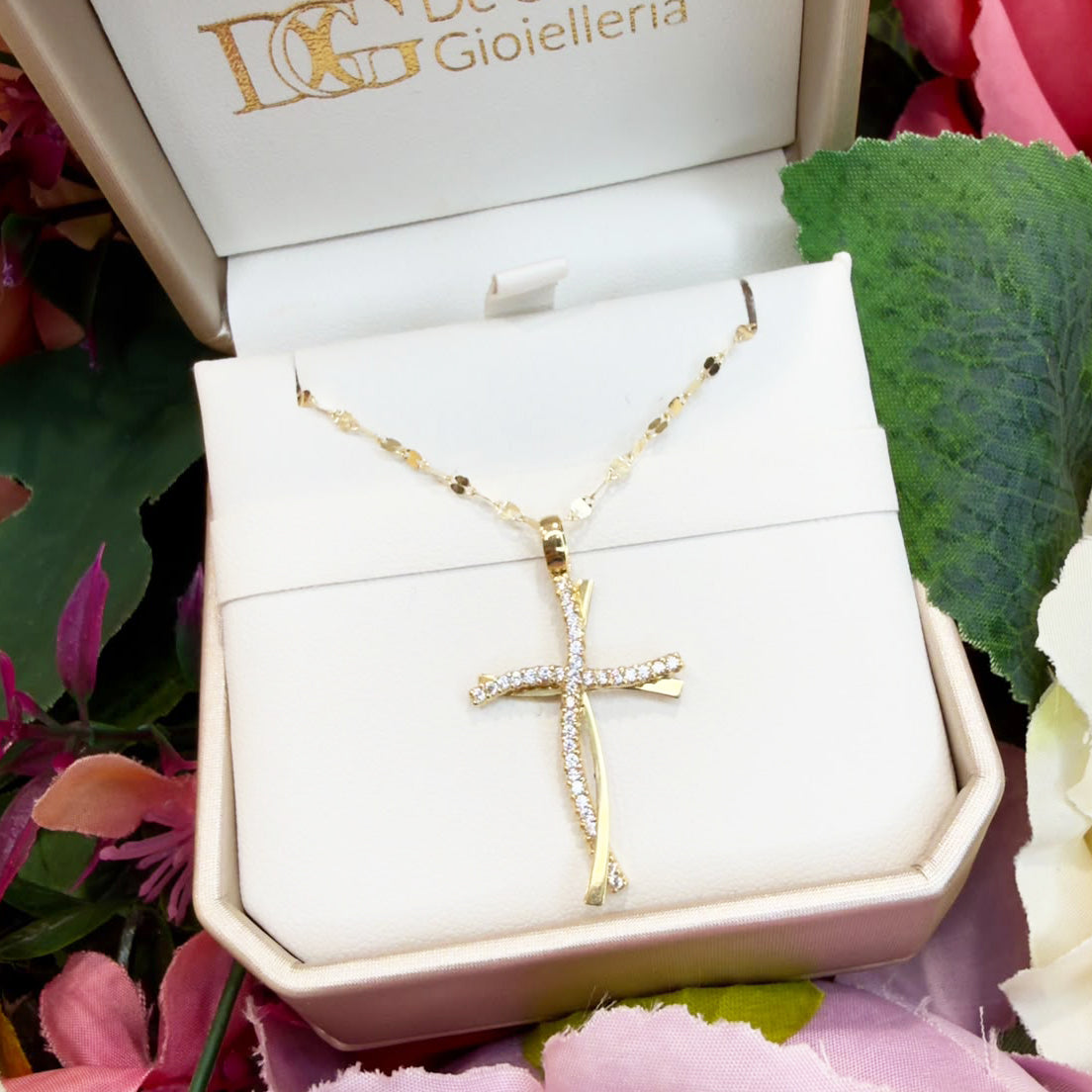 COLLANA CON CROCE IN ORO GIALLO 18 KT (750) E ZIRCONI