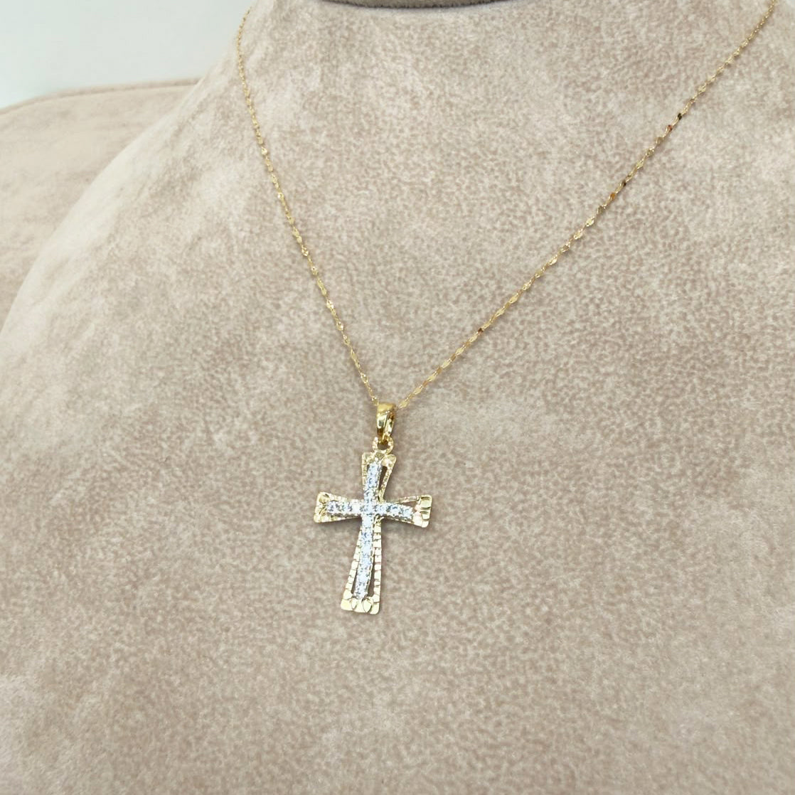 COLLANA CON CROCE STILIZZATA IN ORO GIALLO 18 KT (750) E ZIRCONI