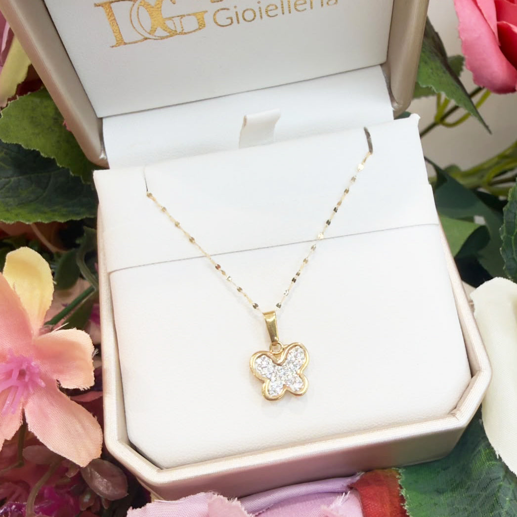 COLLANA IN ORO GIALLO 18 KT (750) CON FARFALLA E ZIRCONI