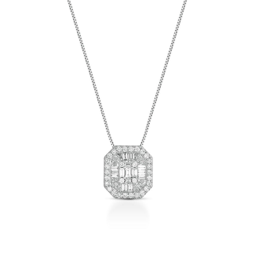 COLLANA OTTAGONALE IN ORO BIANCO 18KT DIAMANTI E BAGUETTE