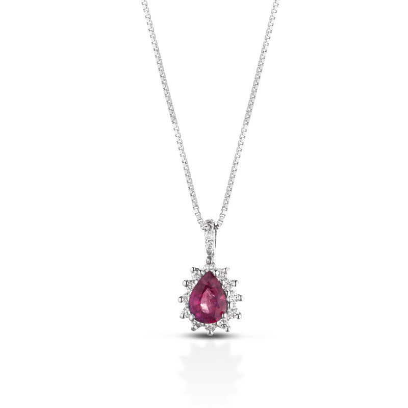 COLLANA GOCCIA IN ORO BIANCO 18KT CON DIAMANTI E RUBINO