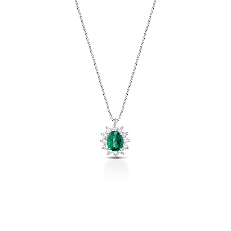 COLLANA IN ORO BIANCO 18KT CON DIAMANTI E SMERALDO
