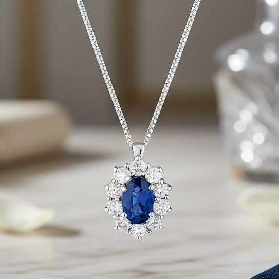 COLLANA IN ORO BIANCO 18 CARATI CON DIAMANTI E ZAFFIRO