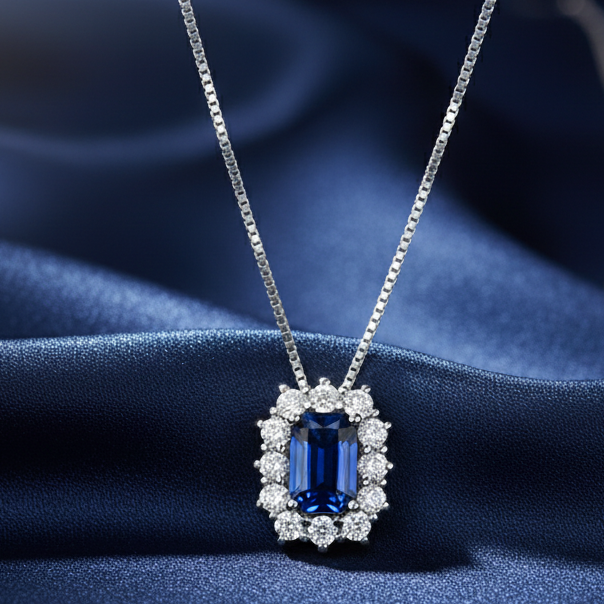 CIONDOLO IN ORO BIANCO 18 CARATI CON DIAMANTI E ZAFFIRI