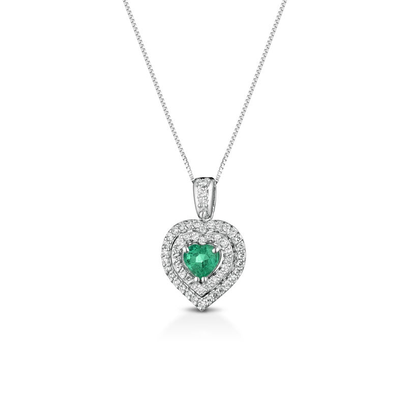 CIONDOLO CUORE IN ORO BIANCO 18KT CON DIAMANTI E SMERALDO