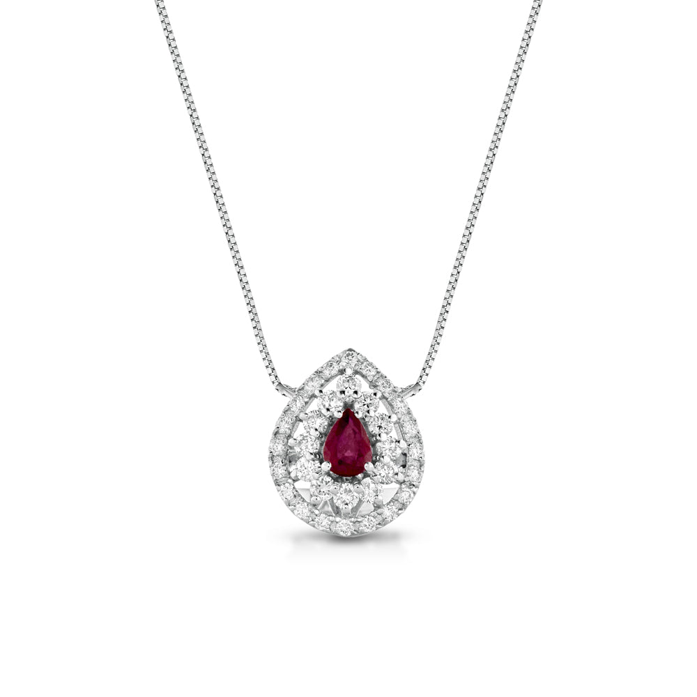 COLLANA GOCCIA IN ORO BIANCO 18KT CON DIAMANTI E RUBINO