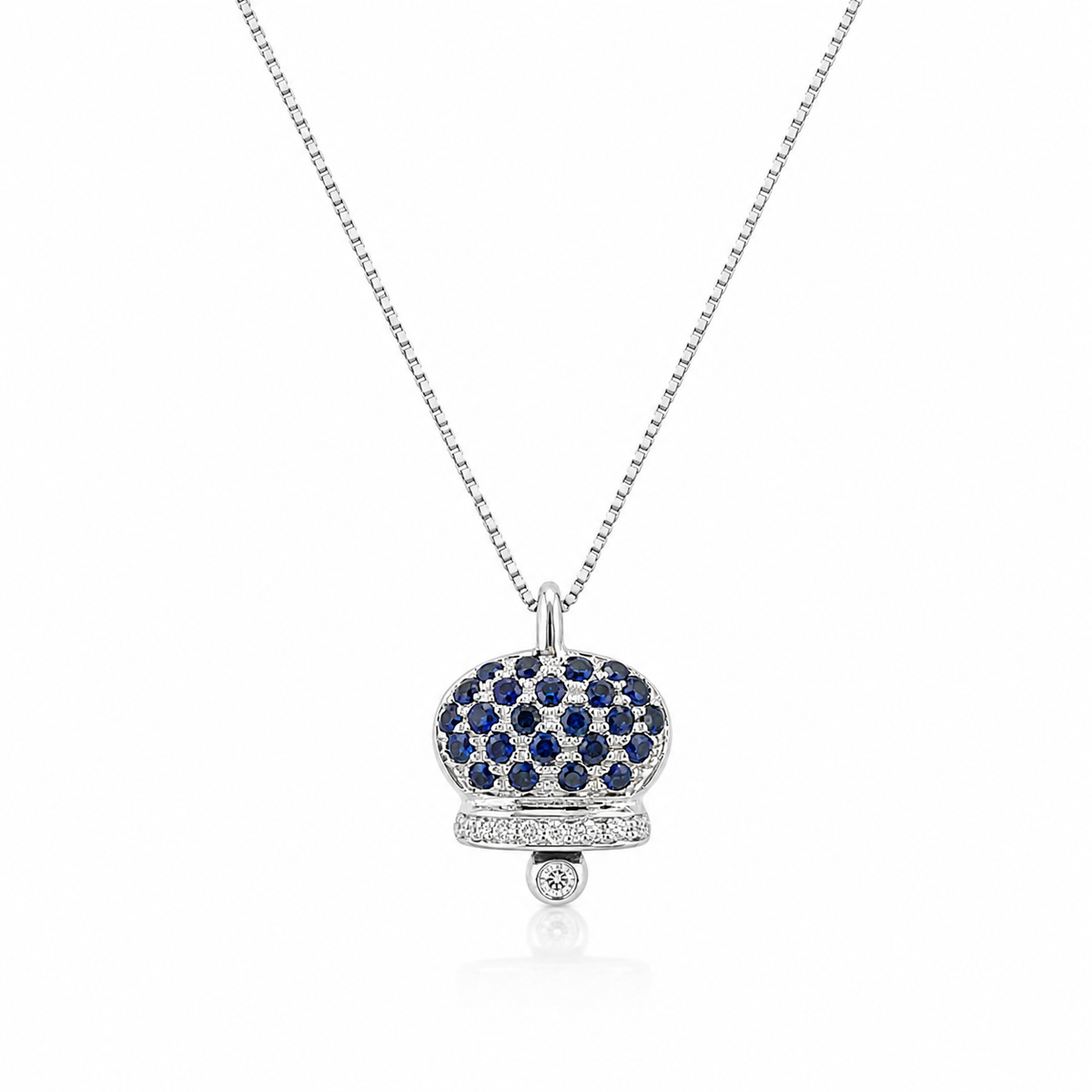 COLLANA CON CAMPANA IN ORO BIANCO 18KT DIAMANTI E ZAFFIRI