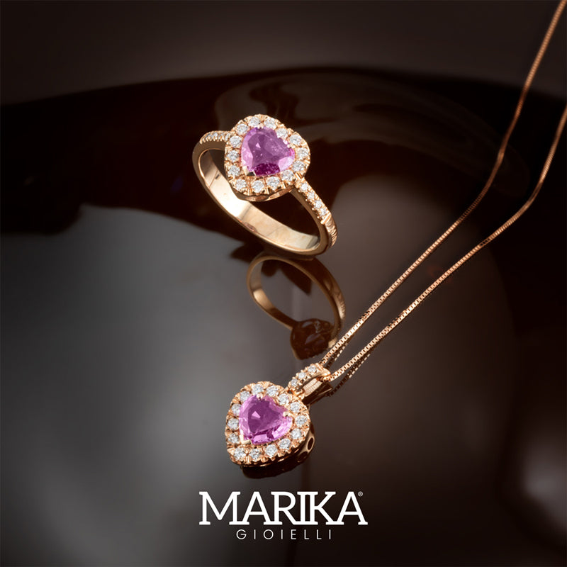 COLLANA CUORE IN ORO ROSA 18KT CON DIAMANTI E ZAFFIRO ROSA