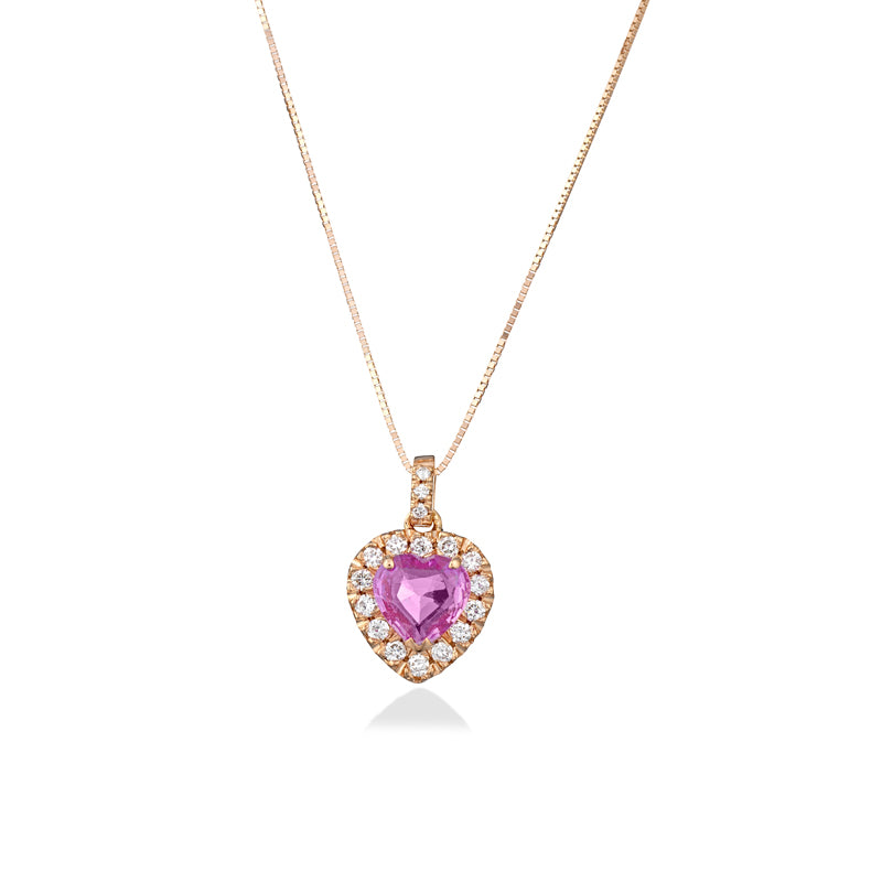 COLLANA CUORE IN ORO ROSA 18KT CON DIAMANTI E ZAFFIRO ROSA