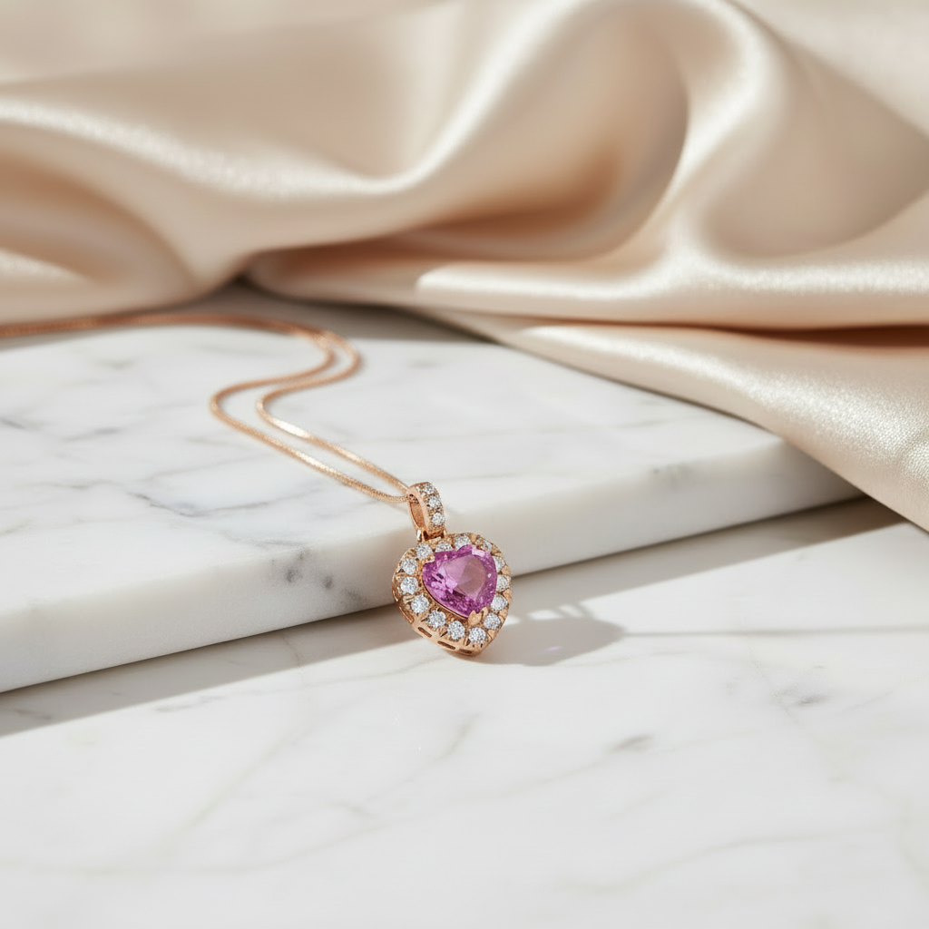 COLLANA CUORE IN ORO ROSA 18KT CON DIAMANTI E ZAFFIRO ROSA