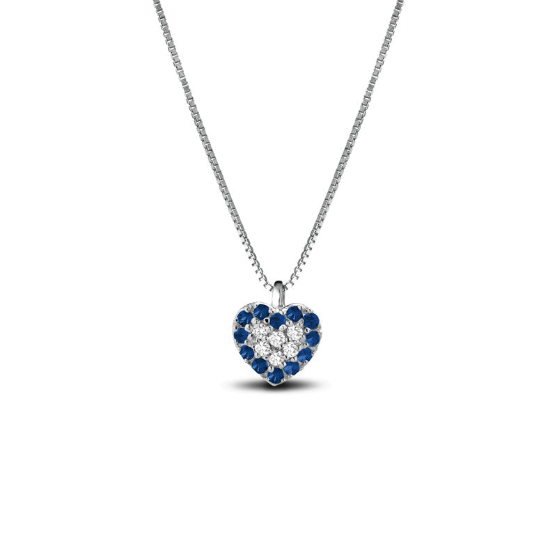 COLLANA CON CUORE IN ORO BIANCO 18KT CON DIAMANTI E ZAFFIRI