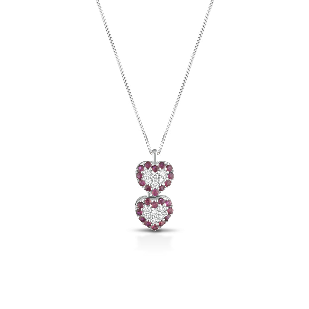 Collana Doppio Cuore in Oro Bianco 18kt con Rubini e Diamanti Naturali