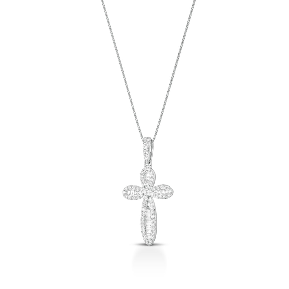 COLLANA CON CROCE IN ORO BIANCO 18KT DIAMANTI E BAGUETTE