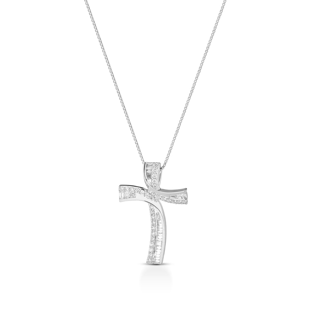 COLLANA CON CROCE IN ORO BIANCO 18KT DIAMANTI E BAGUETTE