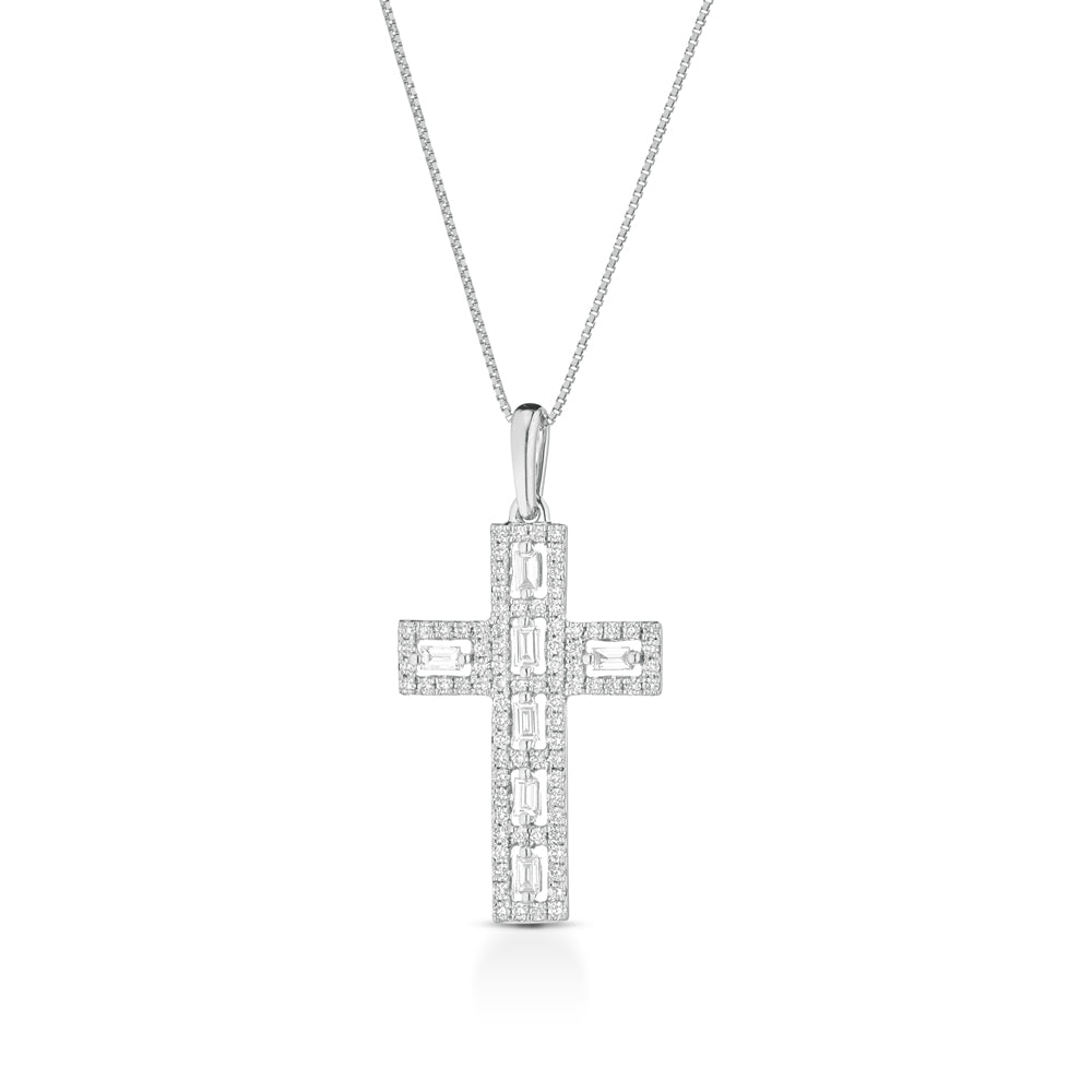 COLLANA CON CROCE IN ORO BIANCO 18KT DIAMANTI E BAGUETTE