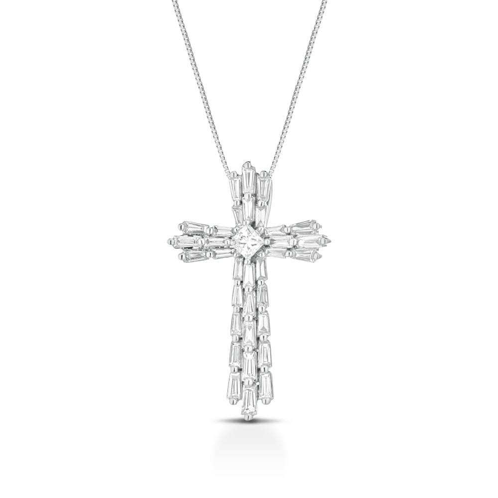 COLLANA CON CROCE IN ORO BIANCO 18KT CON BAGUETTE