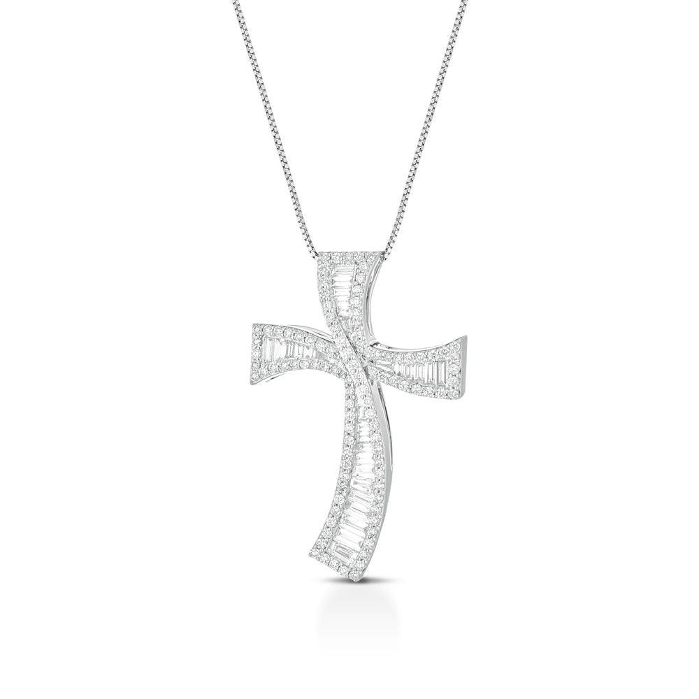 COLLANA CON CROCE IN ORO BIANCO 18KT DIAMANTI E BAGUETTE