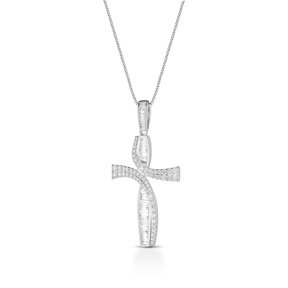 COLLANA CON CROCE IN ORO BIANCO 18KT DIAMANTI E BAGUETTE