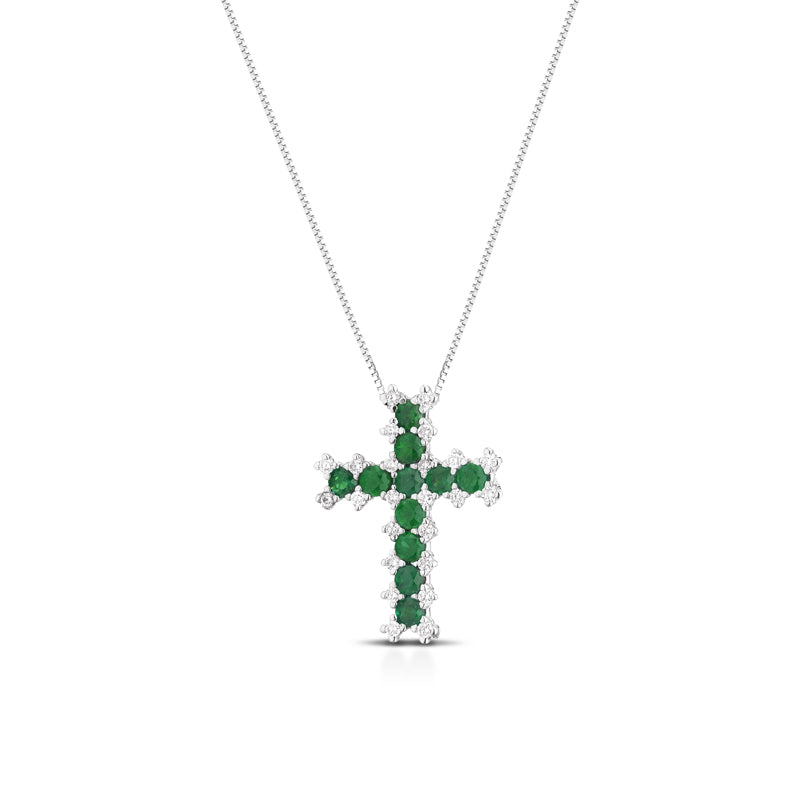 COLLANA CON CROCE IN ORO BIANCO 18KT CON DIAMANTI E SMERALDI