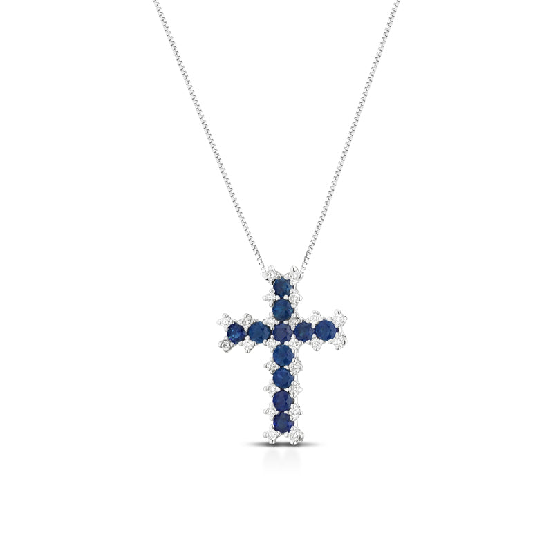 COLLANA CON CROCE IN ORO BIANCO 18KT CON DIAMANTI E ZAFFIRI