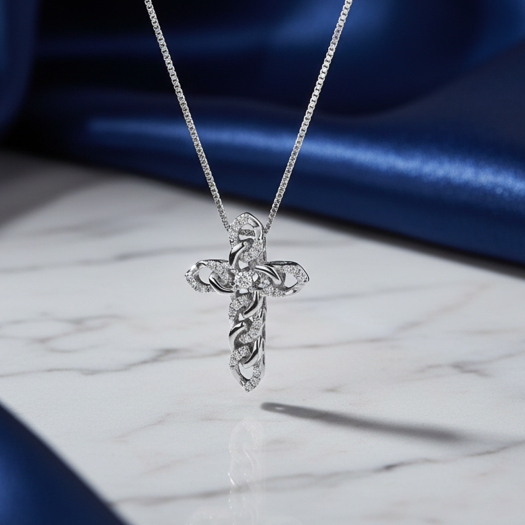 COLLANA CON CROCE IN ORO BIANCO 18 CARATI E DIAMANTI