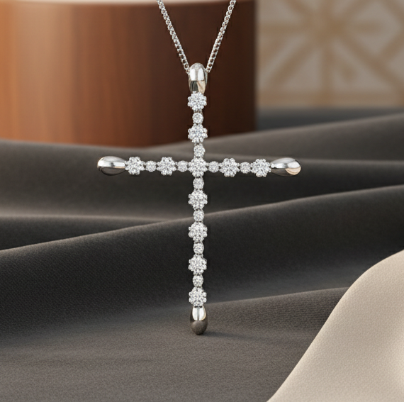 COLLANA CON CROCE IN ORO BIANCO 18 CARATI E DIAMANTI