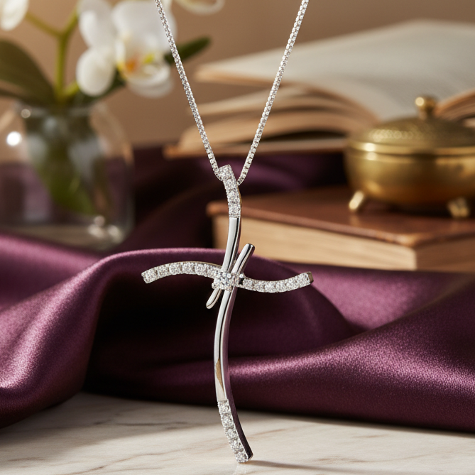 CIONDOLO CROCE DA DONNA IN ORO BIANCO 18 CARATI E DIAMANTI