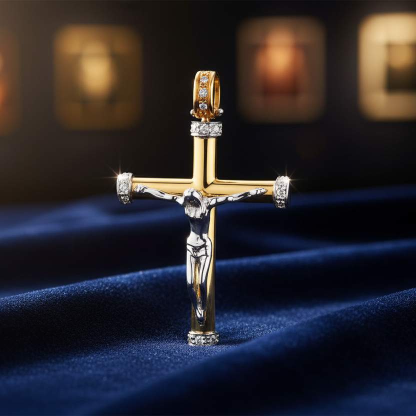 CIONDOLO CROCE DA UOMO IN ORO BIANCO E ROSA 18KT E DIAMANTI