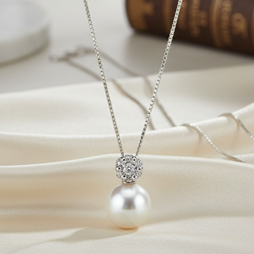 COLLANA CON PERLA IN ORO BIANCO 18 CARATI E DIAMANTI