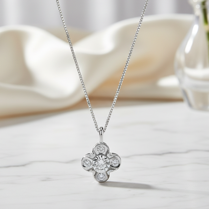 COLLANA CON FIORE IN ORO BIANCO 18 CARATI CON DIAMANTI