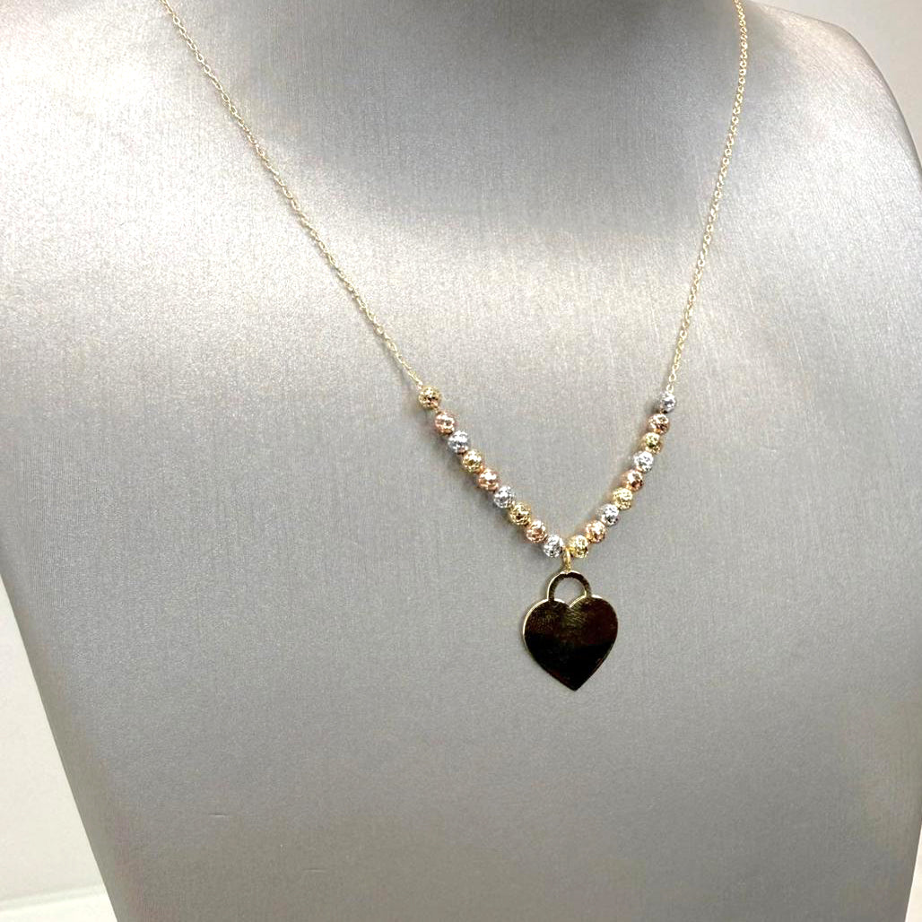 Collana con cuore incidibile in oro bianco, giallo e rosa 18KT (750) e sfere diamantate