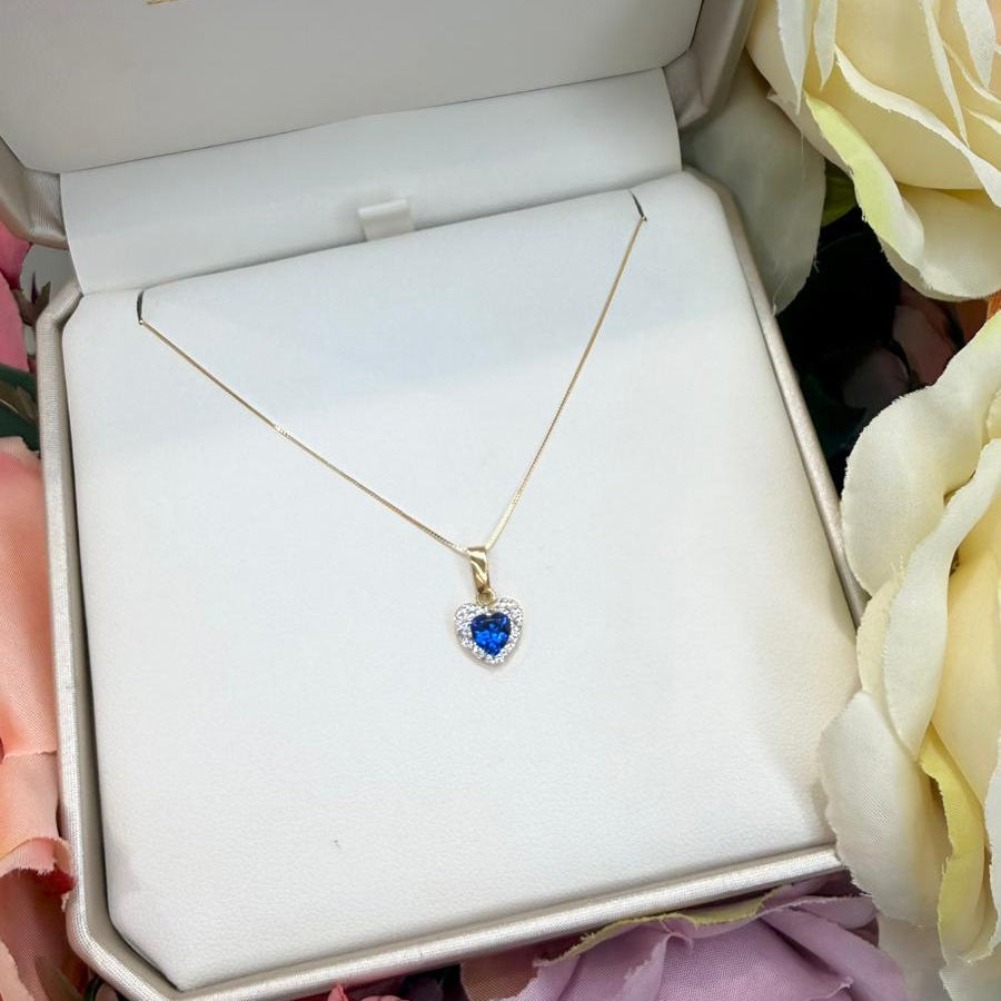 Collana in Oro Giallo 18 KT con Cuore Blu e Zirconi