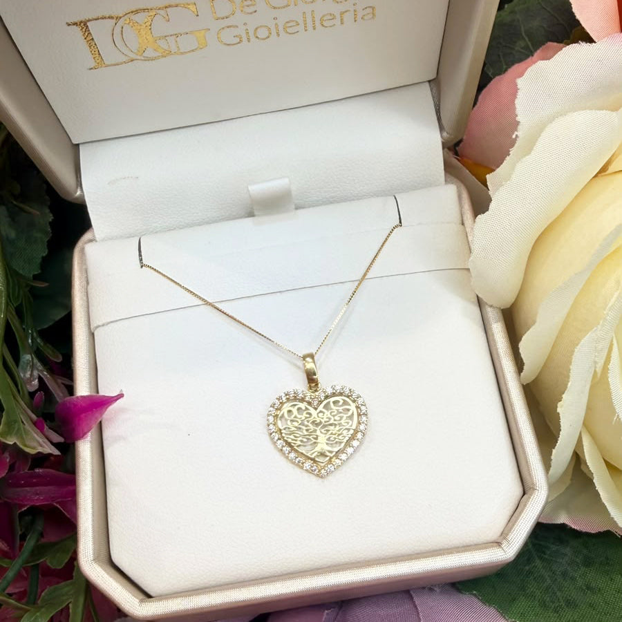 COLLANA CON PENDENTE CUORE ALBERO DELLA VITA E ZIRCONI IN ORO GIALLO 18 KT
