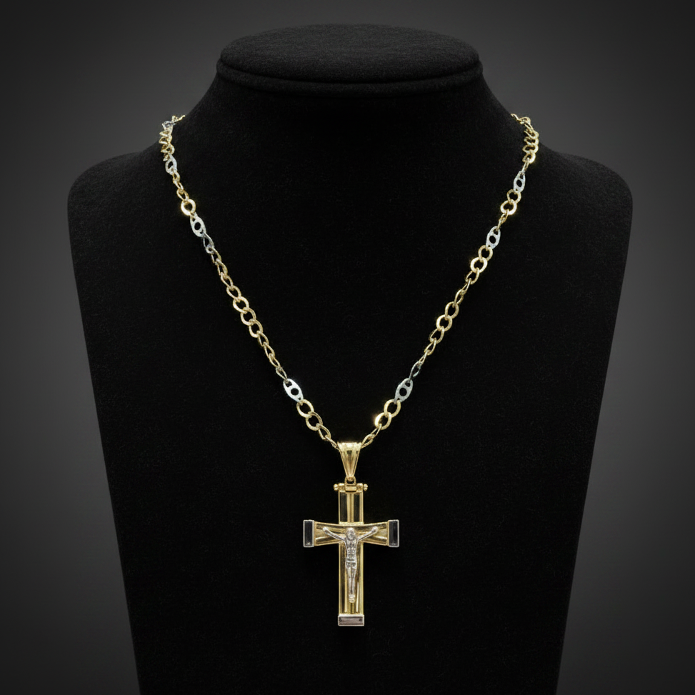 Collana con Crocifisso Bicolore in Oro Giallo e Oro Bianco 18 KT