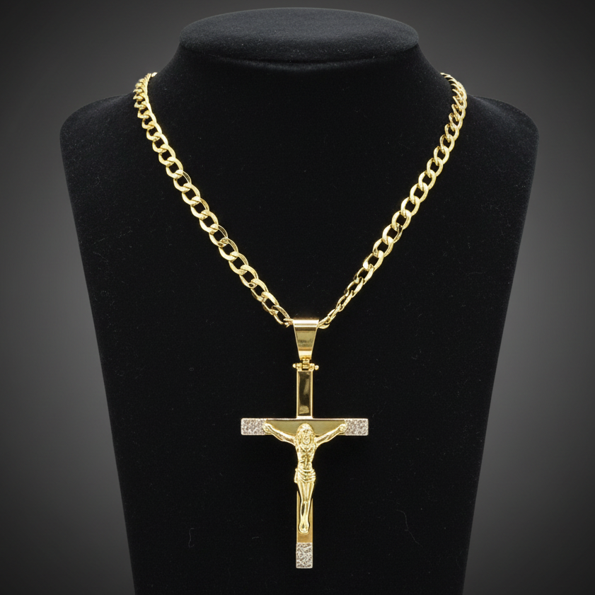 Collana con Crocifisso Bicolore in Oro Giallo e Oro Bianco 18 KT