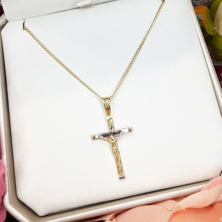 Collana da Uomo con Crocifisso Bicolore e Maglia Grumetta in Oro 18 KT