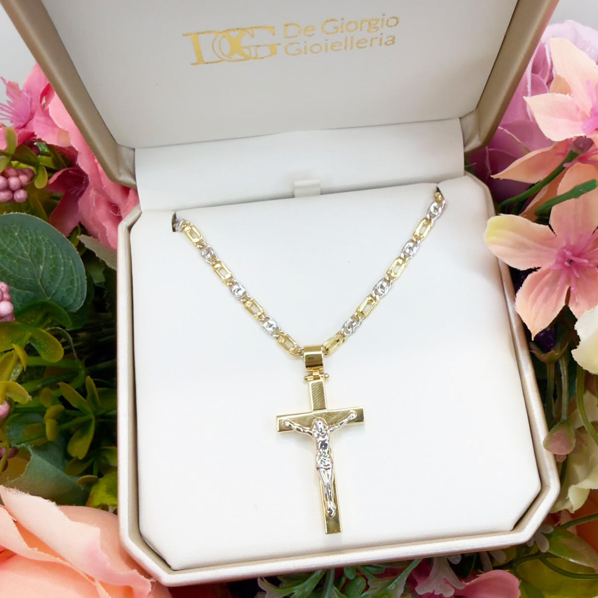 COLLANA CON CROCIFISSO BICOLORE IN ORO GIALLO E BIANCO 18 KT (750)